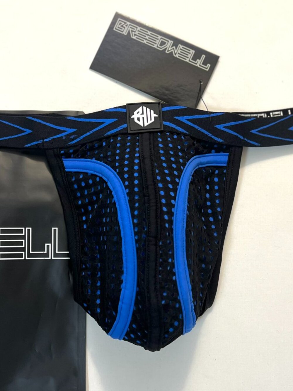 BREEDWELL Size "XL" Nylon Blend Dickmatized T-Back Thong- Black/Blue/White